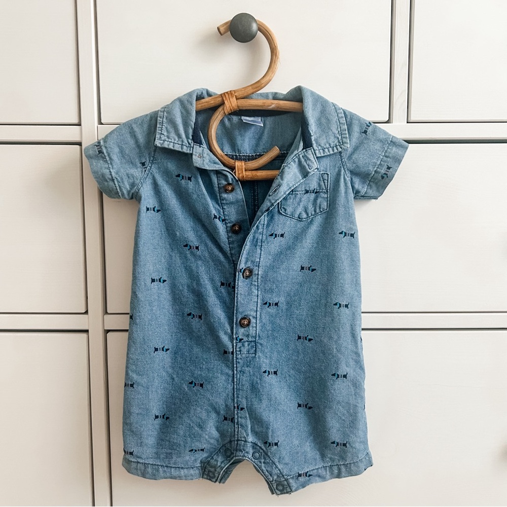 Blue denim romper with dachshunds print #babyfashion